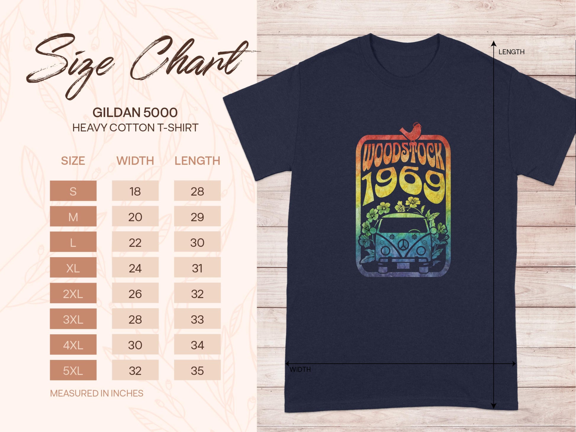 Image of a Garment Graphics size chart for a Gildan 5000 heavy cotton T-shirt featuring a retro Woodstock 1969 design. The black T-shirt, perfect for music lovers, showcases a vibrant flower-adorned van. Chart lists S to 5XL sizes with width and length in inches.