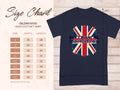 Image of a navy blue classic fit T-shirt featuring a distressed Union Jack and the phrase Dont blame me, I didnt vote for him by Garment Graphics. Size chart for Gildan 5000 Heavy Cotton T-shirt is shown on the left.