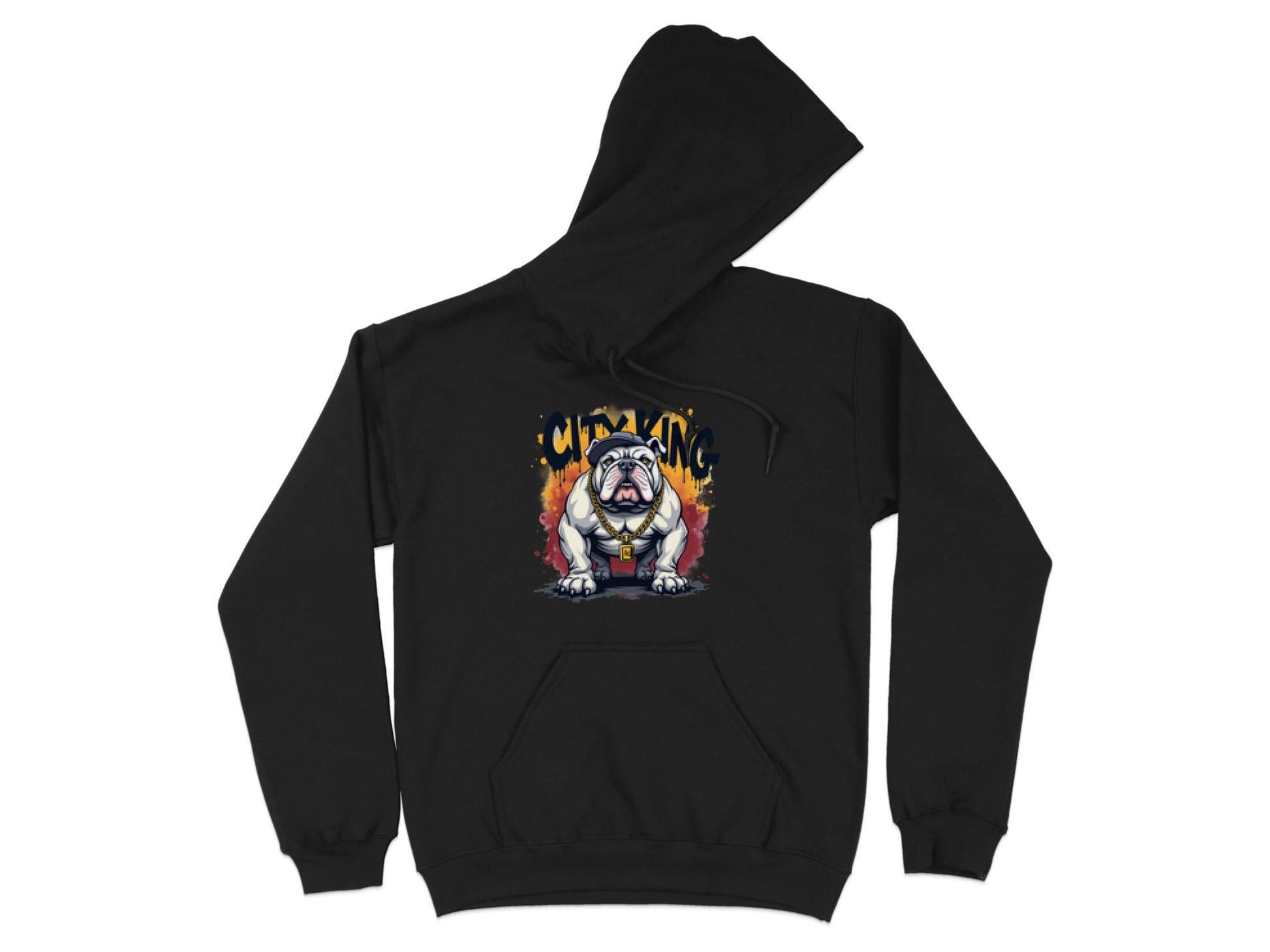 Garment Graphics presents a black hooded sweatshirt, essential for casual wear. It features a graphic bulldog with a harness and roaring flames, topped with CITY KING in bold. Its classic fit promises comfort and timeless style.