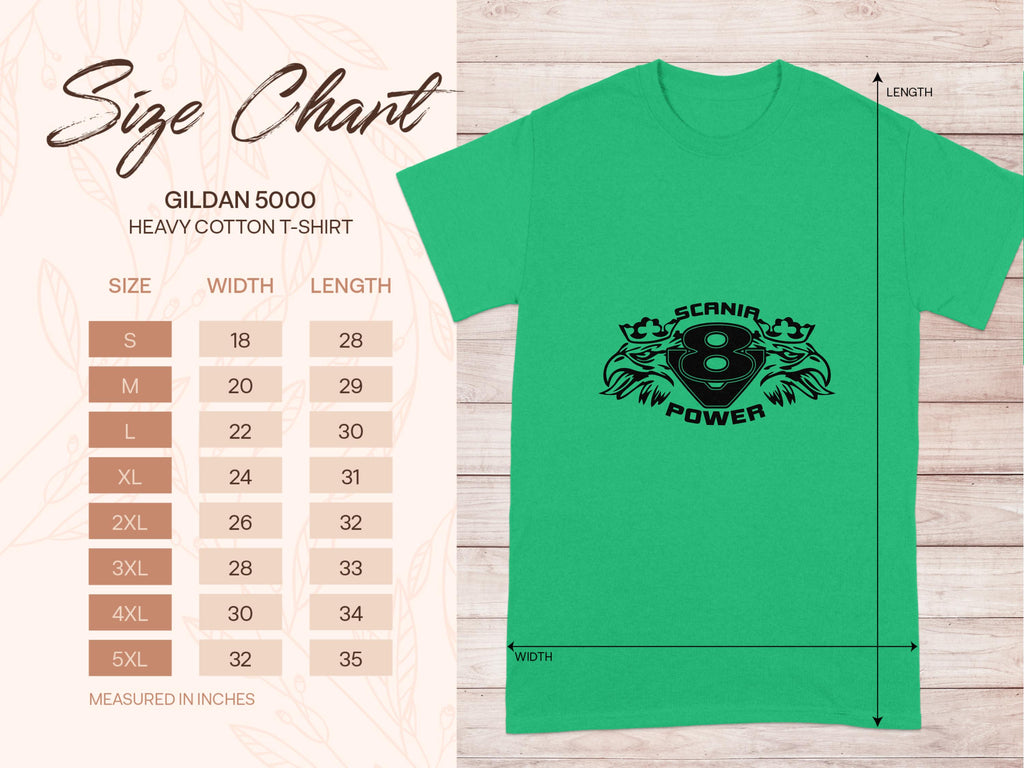 Garment Graphics green T-shirt boasts a striking black motor graphic with SCANIA V8 POWER. A size chart on the left details measurements for sizes S to 5XL. The wooden background amplifies the Scania Power Eagle aesthetic.