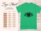Garment Graphics green T-shirt boasts a striking black motor graphic with SCANIA V8 POWER. A size chart on the left details measurements for sizes S to 5XL. The wooden background amplifies the Scania Power Eagle aesthetic.