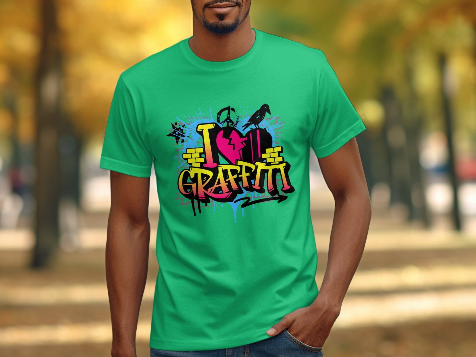 A man wears a Garment Graphics green T-shirt featuring a vibrant graffiti-style I Love Graffiti design. Behind him is a park with lush trees and a softly blurred path, echoing the street arts energy.