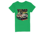 Garment Graphics green T-shirt features a bold, vintage racing car illustration with YUMP in uppercase letters above it, perfect for fans of retro design.
