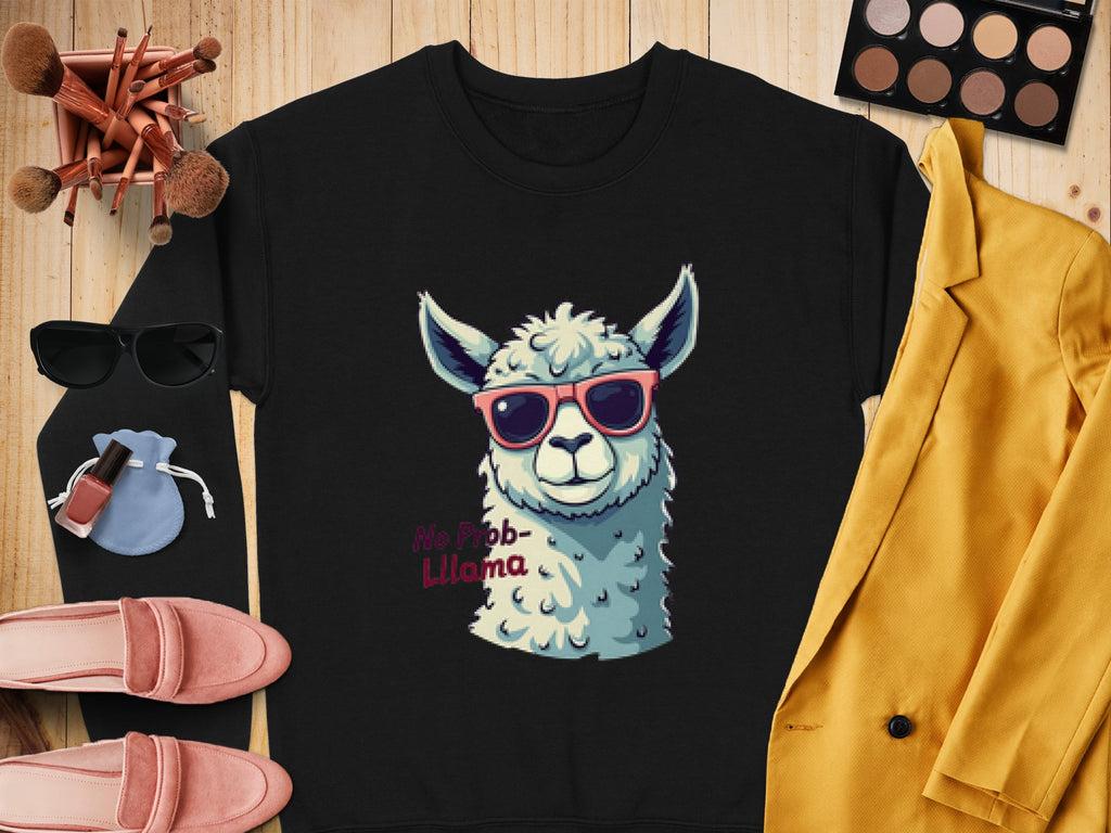 A flat lay features Garment Graphics No Prob-Llama sweatshirt, boasting a cartoon llama in sunglasses. Surrounding it are a yellow blazer, makeup brushes, eyeshadow palette, blue pouch, sunglasses, lipstick, and pink shoes—ideal for fans of unisex sizing and quirky fashion!.