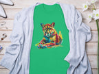 A vibrant green T-shirt from Garment Graphics showcases an abstract lioness design. Its styled laid flat on light wood, accented with a gray cardigan, white heels, jewelry, and white flowers.