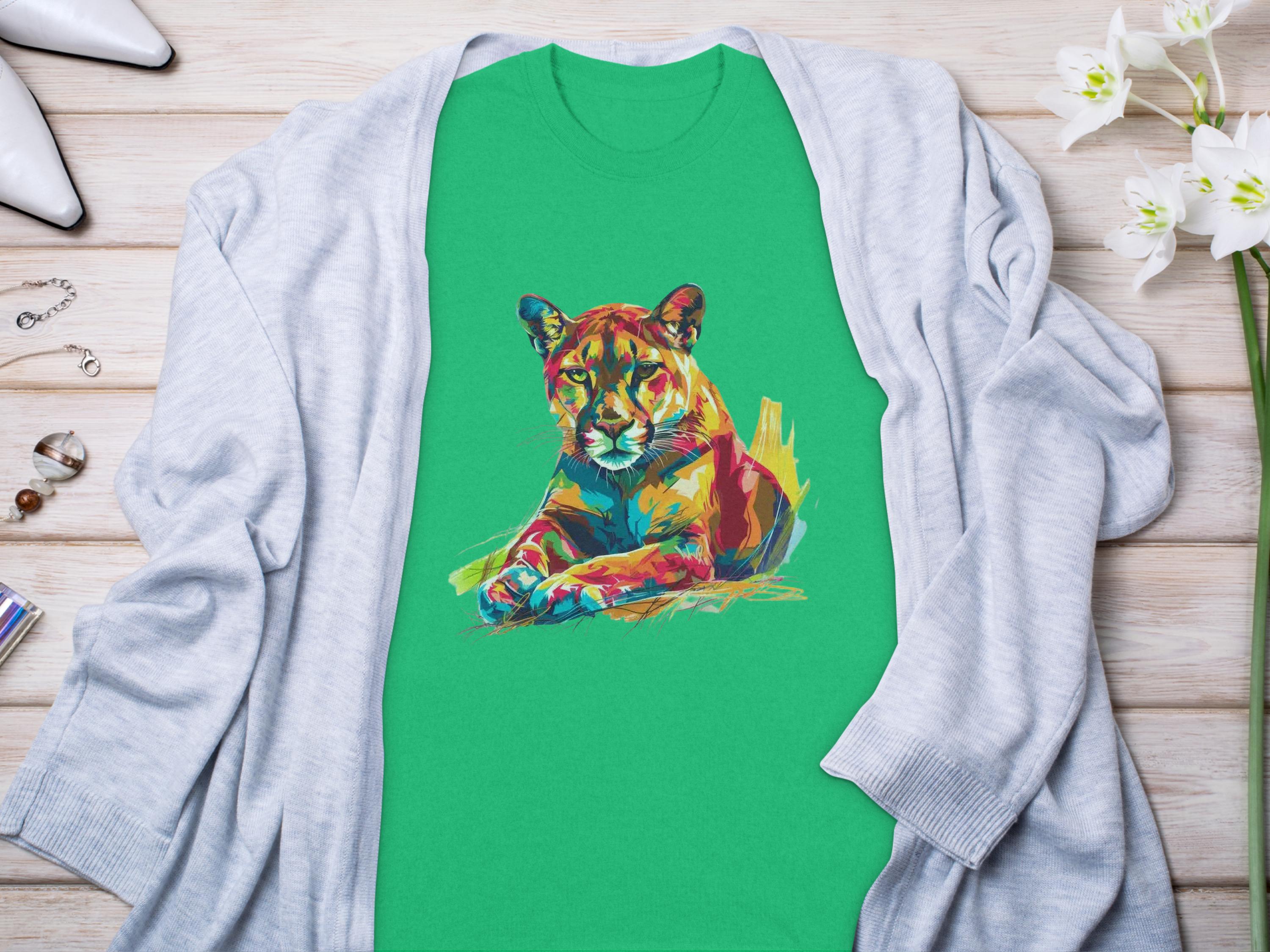 A vibrant green T-shirt from Garment Graphics showcases an abstract lioness design. Its styled laid flat on light wood, accented with a gray cardigan, white heels, jewelry, and white flowers.