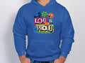 A blue hoodie from Garment Graphics features a dynamic design of a megaphone, foam finger, football, and star. It sports the phrase Hey Ho Lets Go! Loud & Proud Let’s Make Some Noise, offering a bold look for fans of Lets Make Some Noise Hoodies. Pockets add functionality to the style.