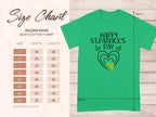 Garment Graphics green T-shirt features Happy St. Patricks Day with hearts and shamrocks. A size chart for the Gildan 5000 heavy cotton tee lists inch measurements from S to 5XL.