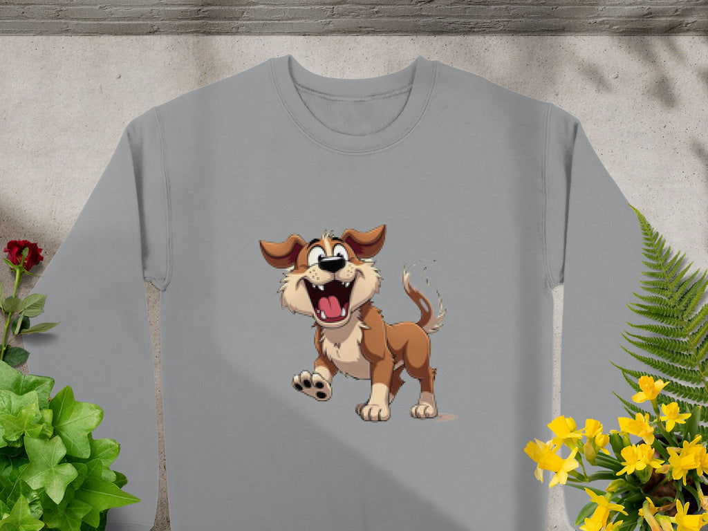 The cozy gray sweatshirt from Garment Graphics showcases a cheerful animated brown and white dog, perfect for dog lovers, with one paw raised against vibrant green and yellow plants.