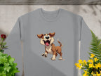 The cozy gray sweatshirt from Garment Graphics showcases a cheerful animated brown and white dog, perfect for dog lovers, with one paw raised against vibrant green and yellow plants.