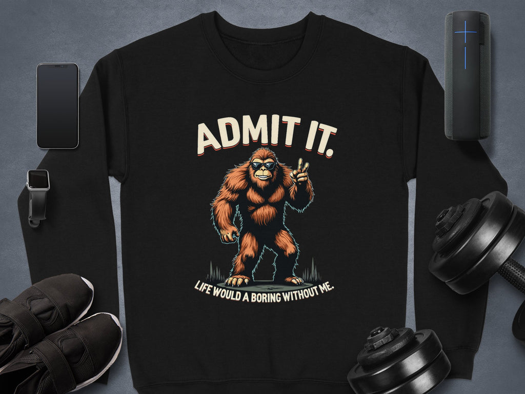 A black Garment Graphics sweatshirt with a striking Bigfoot graphic and the words, Admit It. Life Would Be Boring Without Me, lies beside a phone, smartwatch, sneakers, wireless speaker, and adjustable dumbbells on gray—an essential addition to any casual wardrobe.