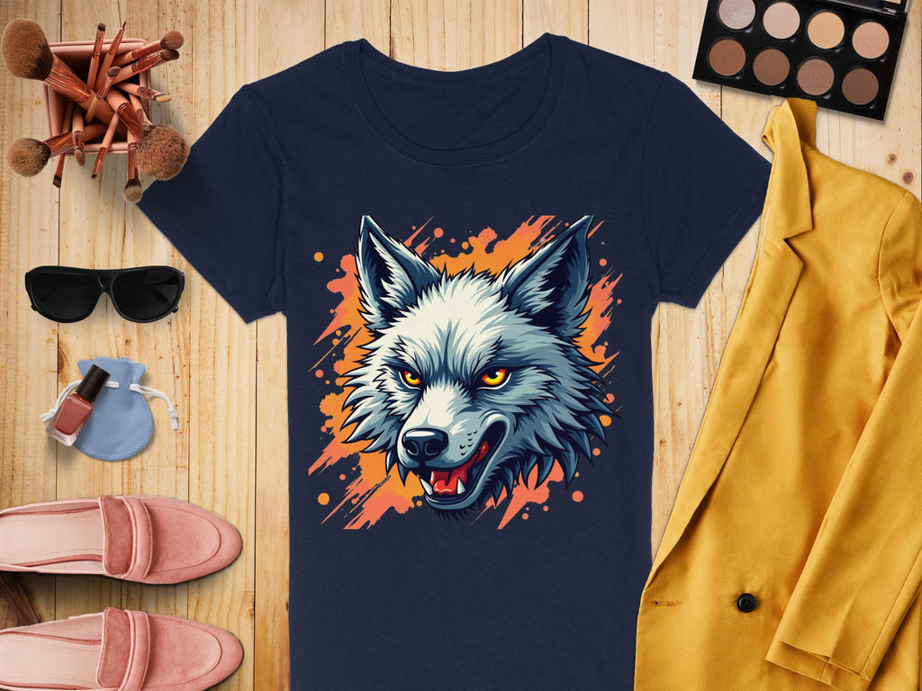 Garment Graphics presents a bold navy blue 100% cotton T-shirt with a wolf print on an orange background, stylishly accompanied by sunglasses, pink shoes, makeup brushes, an eyeshadow palette, nail polish, and a vibrant yellow jacket on a wooden surface.