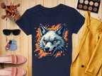 Garment Graphics presents a bold navy blue 100% cotton T-shirt with a wolf print on an orange background, stylishly accompanied by sunglasses, pink shoes, makeup brushes, an eyeshadow palette, nail polish, and a vibrant yellow jacket on a wooden surface.