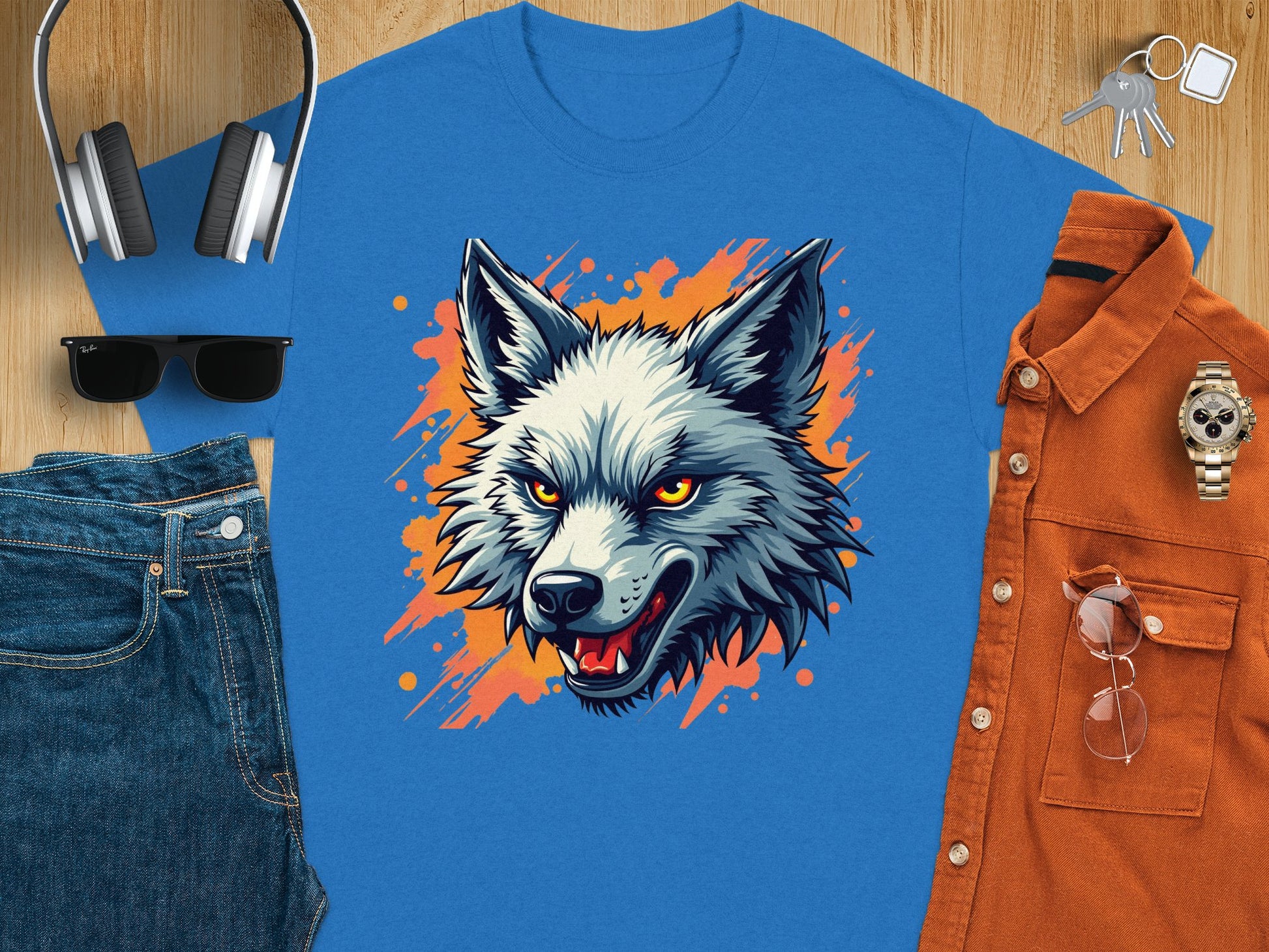 The Garment Graphics stylish T-shirt features a wolf graphic with orange and white accents. Paired with headphones, keys, a watch, an orange button-up shirt, sunglasses, and blue jeans on a wooden surface—it creates the perfect ensemble for a fearless personality.