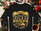 Garment Graphics presents a black, humorous sweatshirt with the text If hes got golf clubs in his truck or a camper in his driveway, I dont hire him in yellow and white. Perfect for casual wear with a playful twist, its styled amidst festive decorations, pinecones, and coffee on wood.