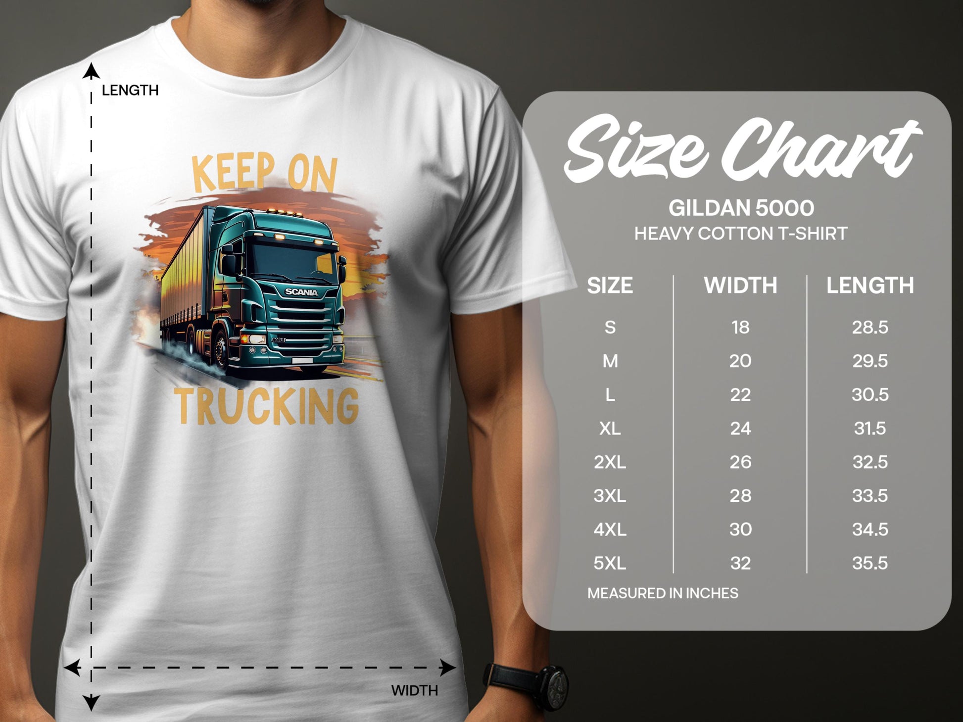 A person wears a white Garment Graphics T-shirt featuring a truck and Keep On Trucking slogan. Nearby, a size chart for Gildan 5000 Heavy Cotton T-Shirts shows sizes S-5XL with respective widths and lengths for truck lovers.