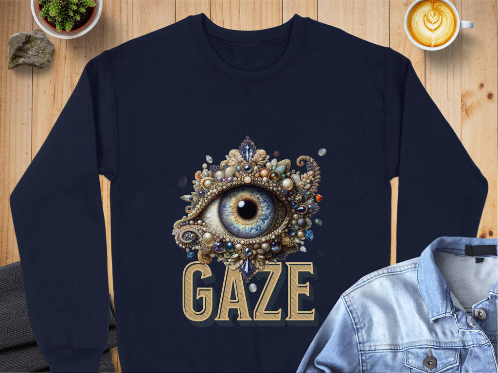 The Garment Graphics navy unisex sweatshirt showcases a large eye design adorned with jewels and beads, with GAZE printed boldly beneath. Styled on a wooden surface alongside a latte, plant, and more clothing, it effortlessly combines mystique with style.