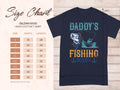 An infographic displays the Garment Graphics Gildan 5000 heavy cotton t-shirt size chart from S to 5XL in inches on the left. On the right, a Graphic Print T-Shirt features Daddys Fishing Buddy with a fish and anchor design, ideal for fishing enthusiasts.