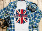 A Garment Graphics sweatshirt featuring a bold Union Jack and the text Dont Blame Me, I Didnt Vote For Him is displayed on wood, accompanied by a blue plaid shirt, headphones, a camera, and a water bottle.
