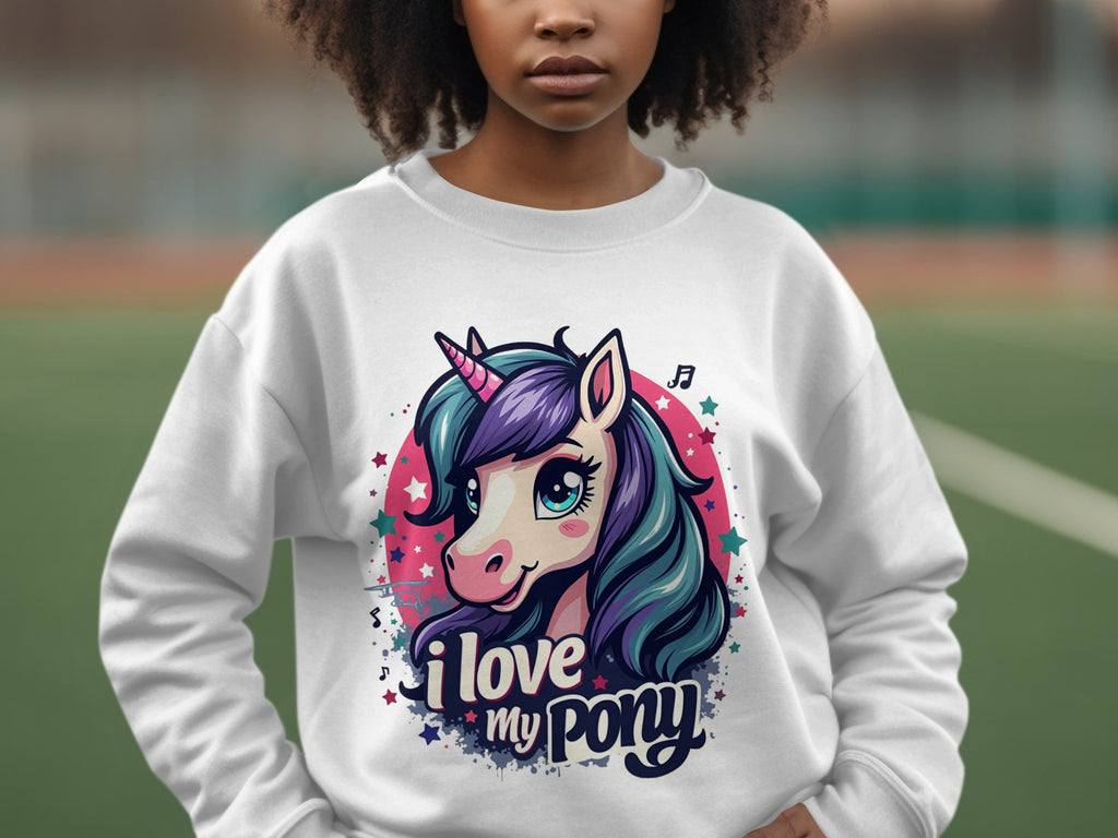 A person is wearing a Garment Graphics white sweatshirt featuring a colorful cartoon pony-unicorn with a flowing mane and the text I love my pony. The background shows blurred outdoor scenery.