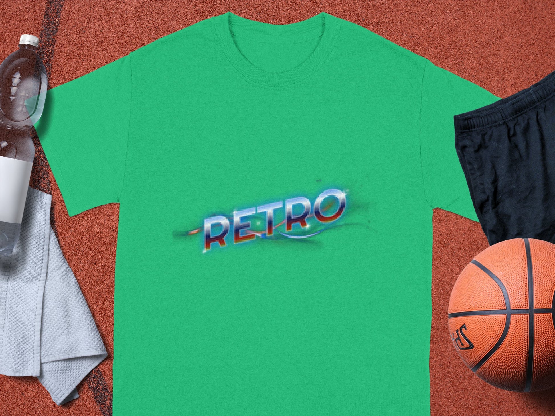 Garment Graphics presents a green t-shirt with a bold RETRO graphic, radiating vintage charm. Styled with a white towel, sports water bottle, black shorts, and an orange basketball, it highlights its classic fit for any casual day.