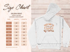 Size chart for a Garment Graphics hooded sweatshirt in beige, featuring text: This Day is Powered by Coffee. Available in sizes S to 5XL, this stylish must-have is perfect for coffee enthusiasts.