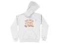 The stylish white hoodie from Garment Graphics, adorned with This Day is Powered by Coffee in brown, stylized text, features a front pocket. Its ideal for coffee lovers and part of the Coffee Hoodies collection, displayed flat on a plain white background.