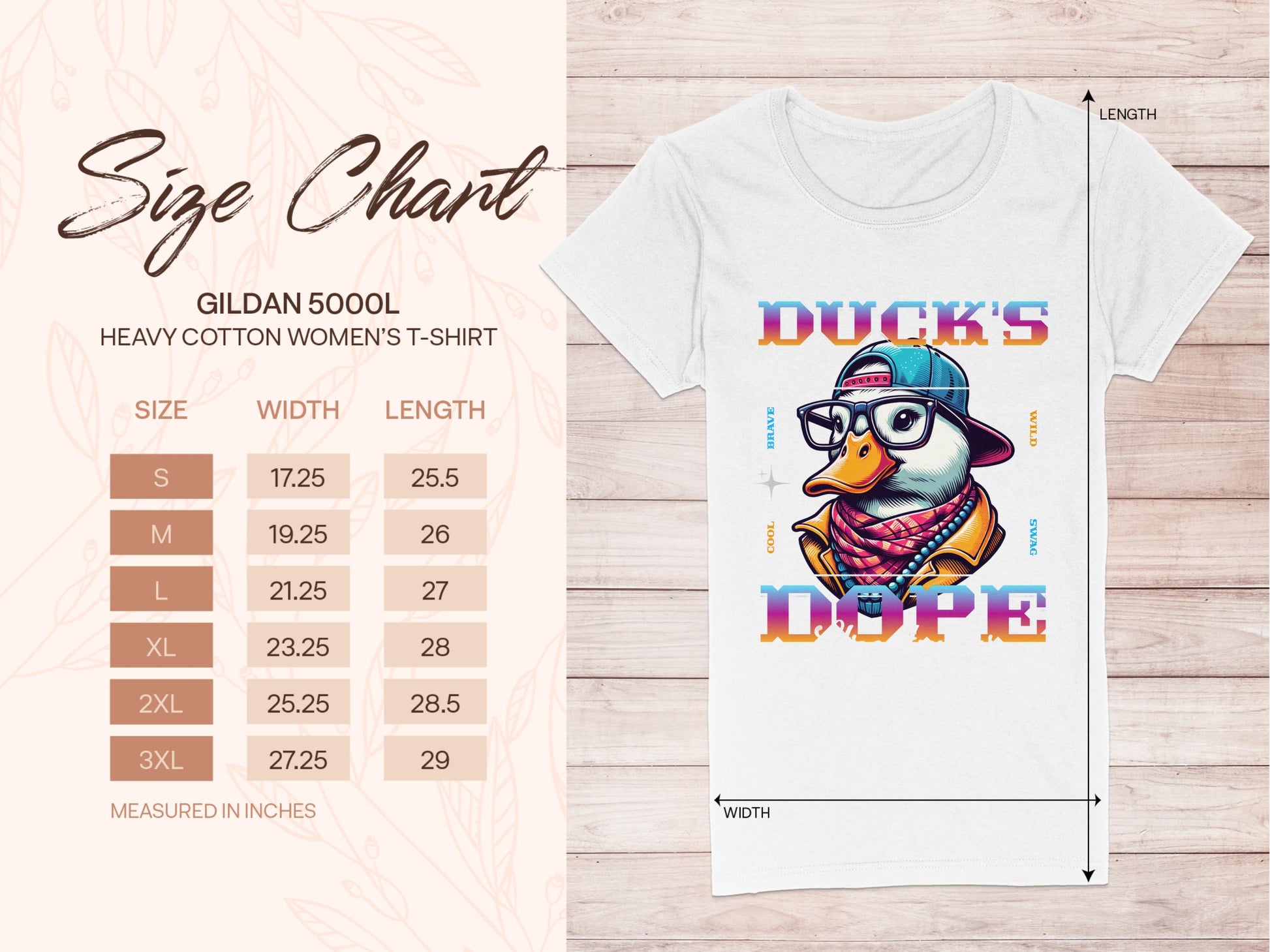 Garment Graphics white womens T-shirt showcases a Cool Brave Wild Swag Duck wearing glasses and a hat, with vibrant Ducks Dope text. Gildan 5000L size chart available in inches from S to 3XL.