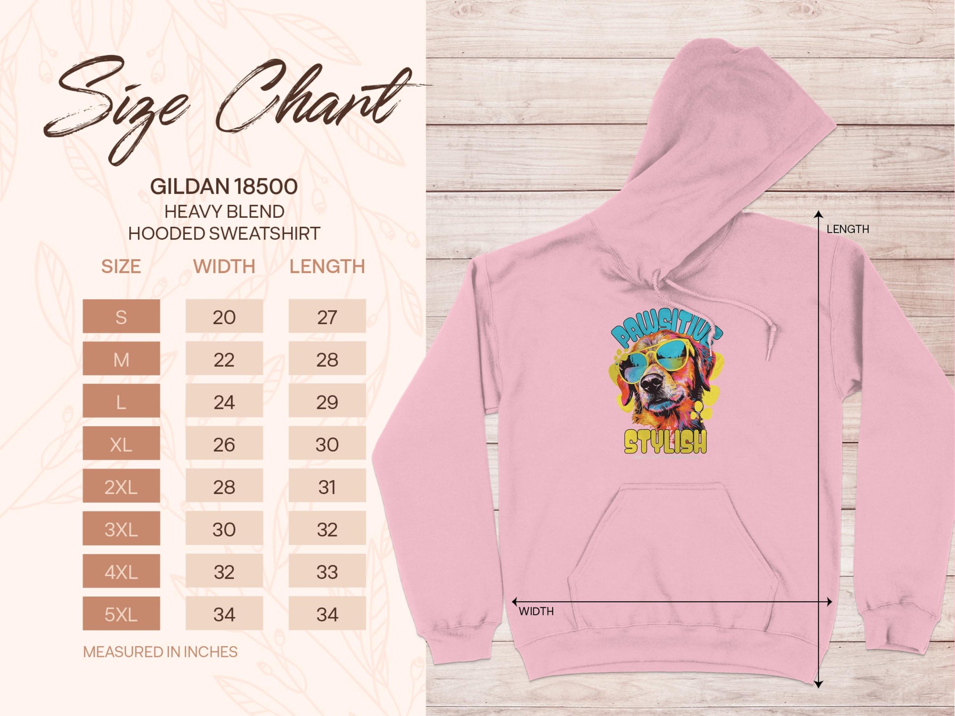 A pink Garment Graphics hoodie features a vibrant colorful dog graphic with the slogan Pugs Not Drugs. A size chart on the left shows sweatshirt measurements from S to 5XL. The unique style pops against a light wooden textured background.