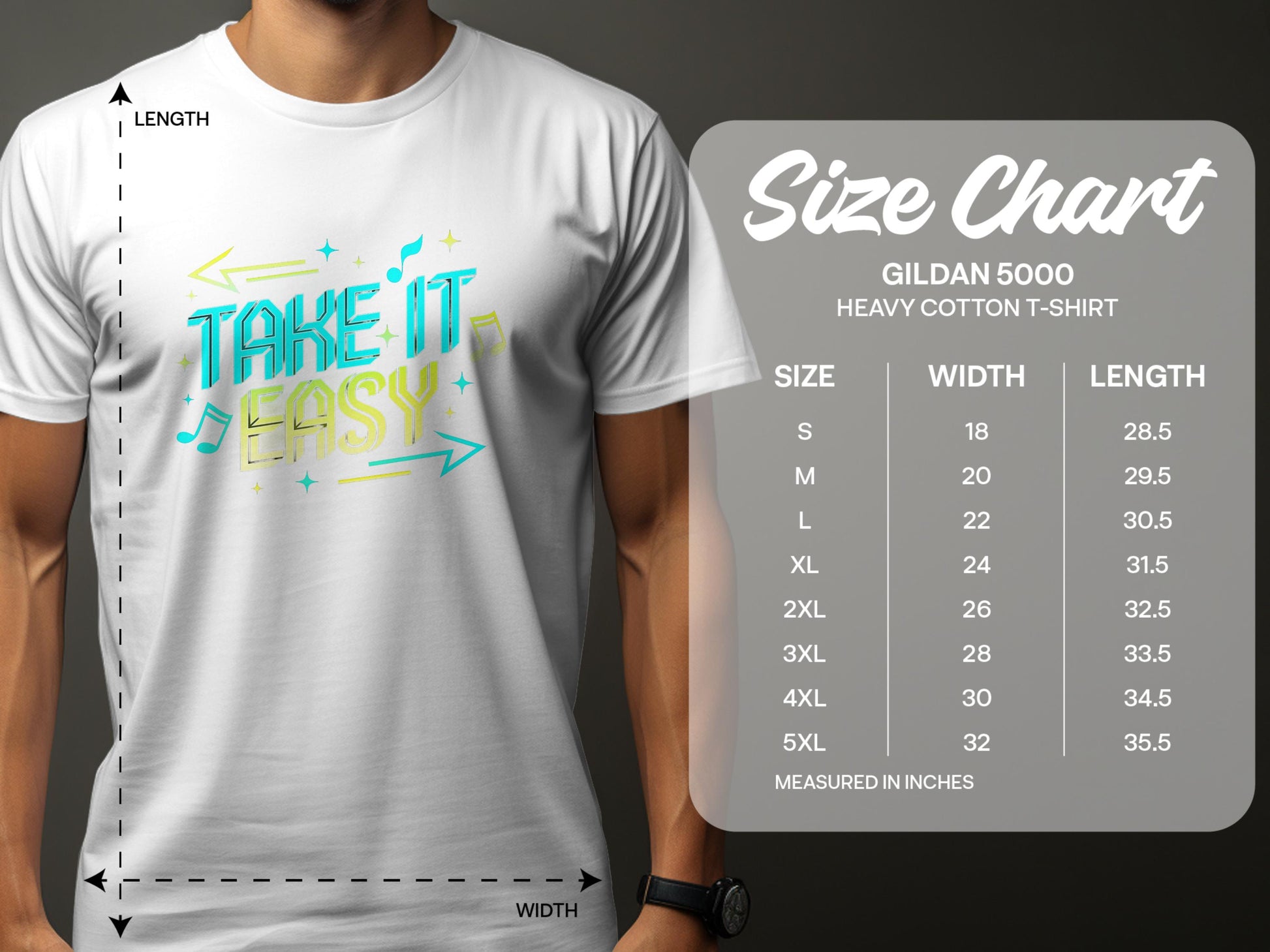 A person models a vibrant Garment Graphics Take It Easy T-shirt featuring colorful letters and musical notes, alongside the size chart for Gildan 5000 heavy cotton T-shirts, which includes sizes S to 5XL with width and length in inches.