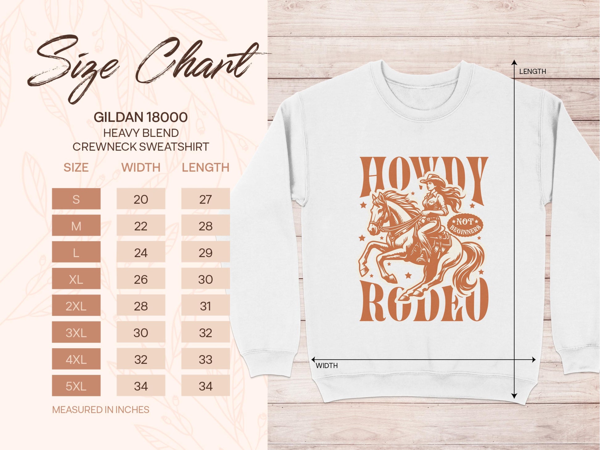 A size chart for a Garment Graphics Gildan 18000 Heavy Blend crewneck sweatshirt is displayed on a wooden background. To the right, a white unisex sizing sweatshirt features a Howdy Rodeo cowboy-on-bucking-horse graphic. Sizes from S to 5XL are shown with measurements in inches.