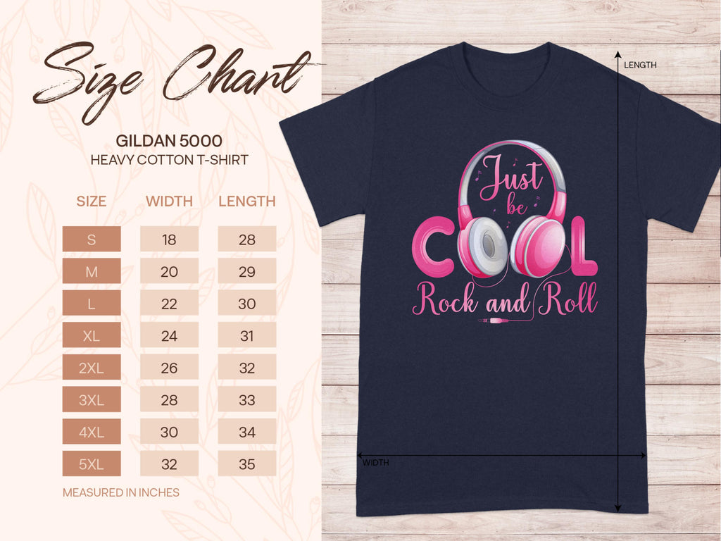 Garment Graphics offers a black T-shirt for music lovers, featuring Just be Cool Rock and Roll with pink headphones. A size chart for the Gildan 5000 heavy cotton T-shirt is provided, detailing sizes S to 5XL with corresponding width and length.