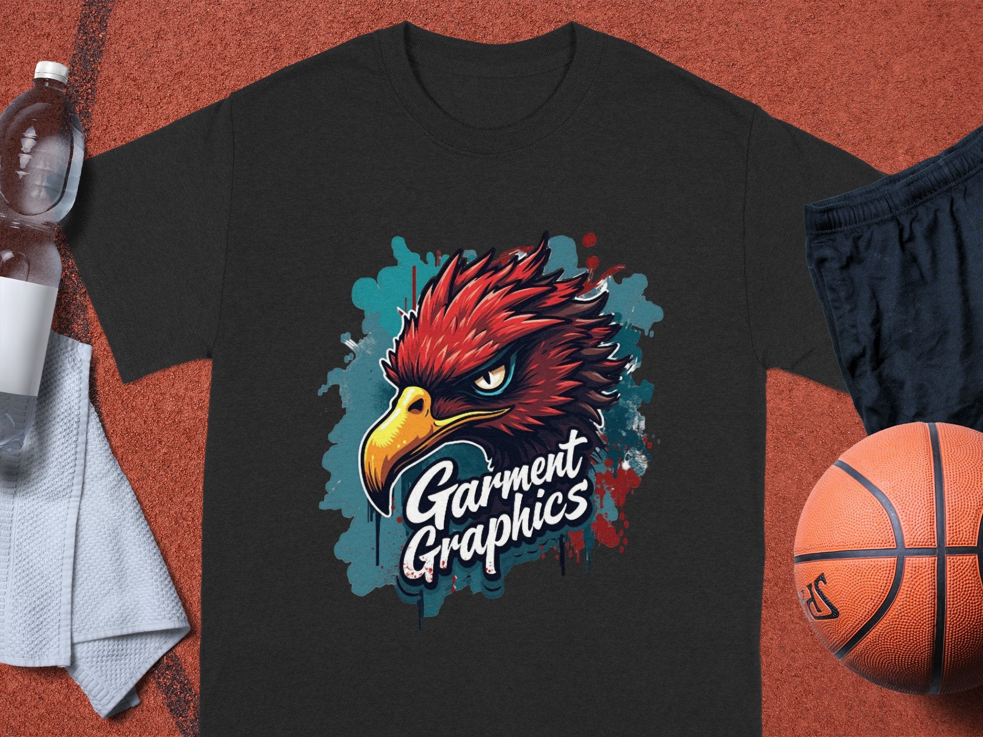 A black T-shirt with a bold red and yellow eagle design and Garment Graphics in white is showcased on an orange sports surface, accompanied by a water bottle, gray towel, black shorts, and a basketball, emphasizing its classic fit.