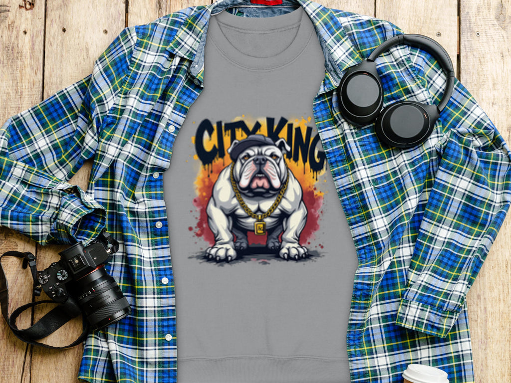 A gray shirt from Garment Graphics Bulldog Sweatshirts, featuring a bulldog with a gold chain and City King cap, lies on wood beside a blue/green plaid shirt, headphones, camera, and white travel mug.