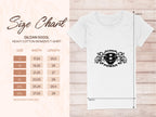 On the left, a size chart for Garment Graphics Gildan 5000L heavy cotton womens T-shirts shows sizes S to 3XL with width and length in inches. On the right, a white T-shirt displays the Scania Power logo with eagle heads and arrows indicating dimensions.