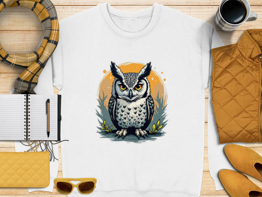 On a wooden surface lies a white Garment Graphics sweatshirt with an illustrated owl design. Surronding it are a scarf, quilted jacket, sunglasses, mug, and notebook with pen in yellow and brown hues. The unisex sizing makes this cozy ensemble perfect for everyone.