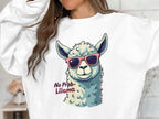 Someone wearing a white No Prob-Llama sweatshirt from Garment Graphics, featuring a llama in sunglasses and the text No Prob-Llama, appears partially visible with long, wavy brown hair.