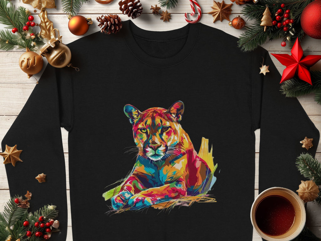 A Garment Graphics black shirt with a vibrant abstract mountain lion design is laid on wood, surrounded by Christmas decor like pine branches, cones, stars, ornaments, and coffee—ideal for unique style seekers in unisex sizing.