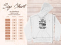 A size chart for the Garment Graphics Gildan 18500 heavy blend hoodie shows sizes S to 5XL with width and length in inches. On the right, a white hoodie featuring London City Vintage Car Club suits auto enthusiasts seeking a classic fit.