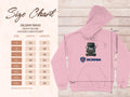 Size chart for the Scania Truck Hoodie by Garment Graphics, a Gildan 18500 Heavy Blend Hooded Sweatshirt in pink featuring a truck and Scania logo. Perfect for truck enthusiasts, available in S to 5XL with width and length measurements in inches.