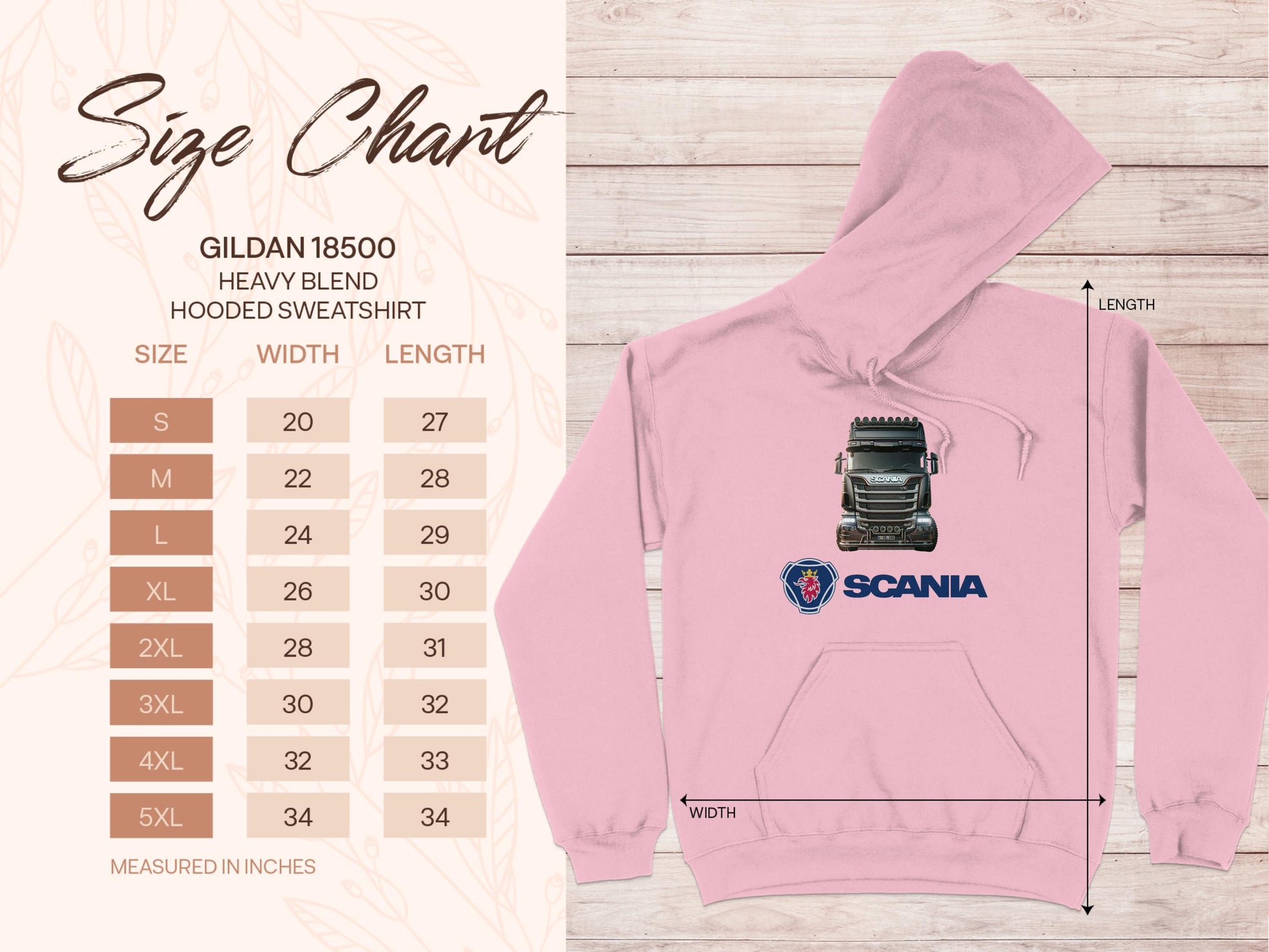 Size chart for the Scania Truck Hoodie by Garment Graphics, a Gildan 18500 Heavy Blend Hooded Sweatshirt in pink featuring a truck and Scania logo. Perfect for truck enthusiasts, available in S to 5XL with width and length measurements in inches.