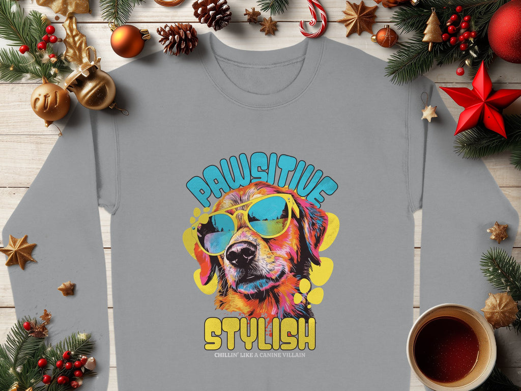 The Garment Graphics gray sweatshirt showcases a vibrant dog graphic wearing sunglasses with the words Pawsitive Stylish, Chillin Like a Canine Villain. Ideal for dog lovers, it rests among holiday decor on a wooden surface beside a cozy cup of warm beverage.