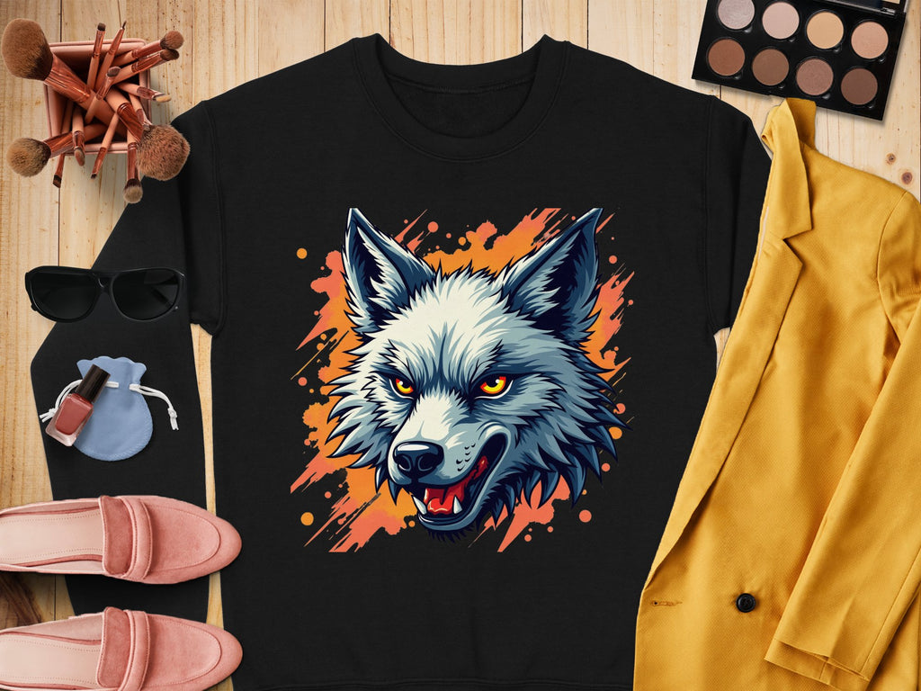 A black fierce wolf graphic sweatshirt from Garment Graphics, featuring orange accents, is the centerpiece on a wooden surface, complemented by sunglasses, a makeup palette with brushes, a small pouch, pink shoes, and a yellow jacket—a bold statement for embracing your wild side.