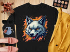 A black fierce wolf graphic sweatshirt from Garment Graphics, featuring orange accents, is the centerpiece on a wooden surface, complemented by sunglasses, a makeup palette with brushes, a small pouch, pink shoes, and a yellow jacket—a bold statement for embracing your wild side.