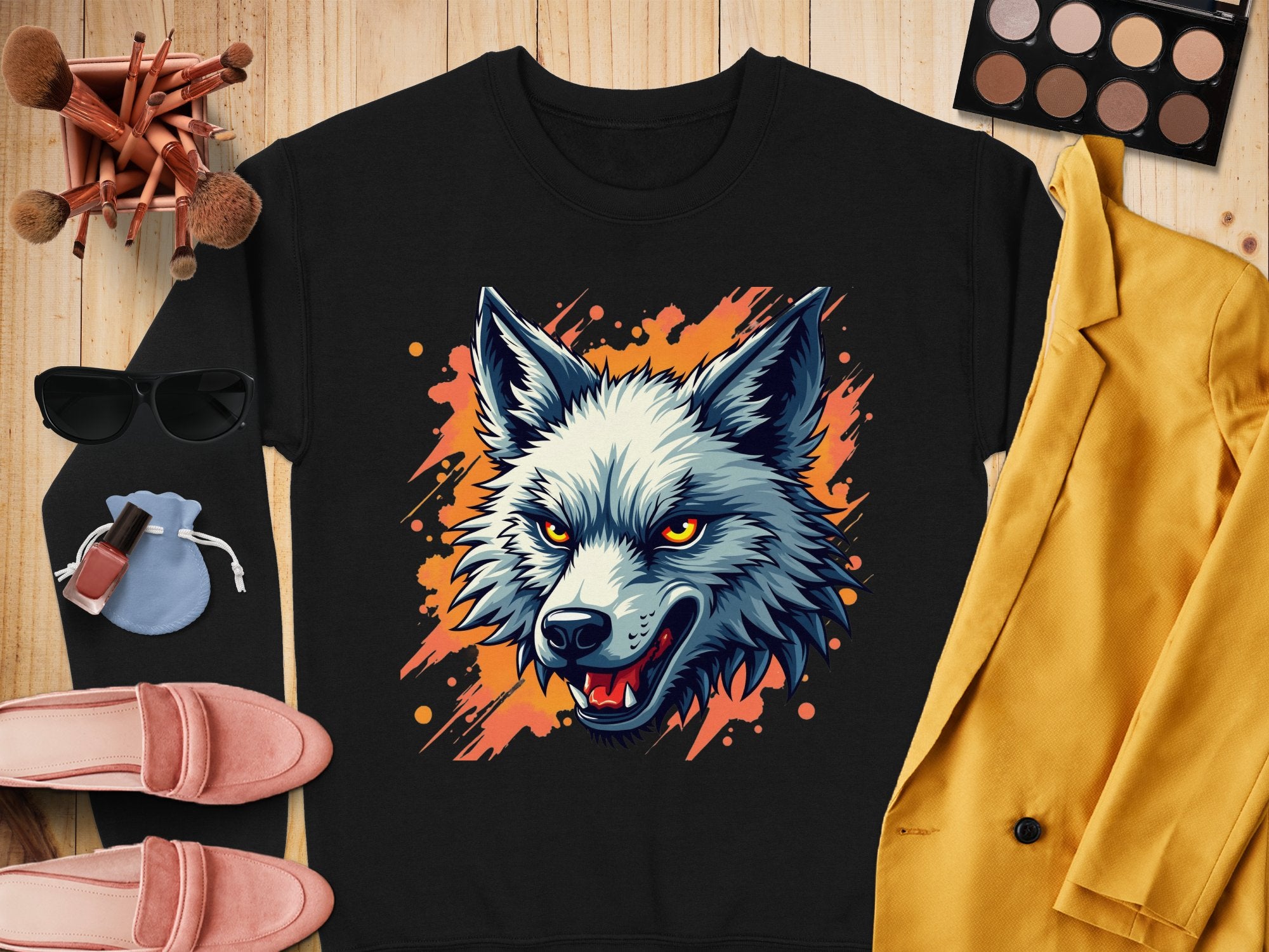 A black fierce wolf graphic sweatshirt from Garment Graphics, featuring orange accents, is the centerpiece on a wooden surface, complemented by sunglasses, a makeup palette with brushes, a small pouch, pink shoes, and a yellow jacket—a bold statement for embracing your wild side.