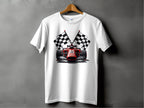 A white T-shirt from Garment Graphics hangs on a wooden hanger against a gray wall, featuring a vibrant graphic of a red racing car and two crossed checkered flags, celebrating the thrill of motorsport.