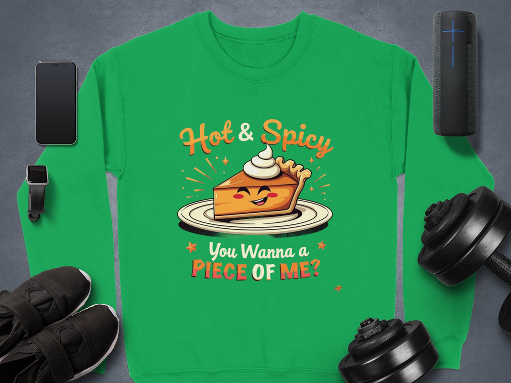 The Garment Graphics pie graphic sweatshirt in vibrant green features a playful illustration of a smiling pie slice with cream, alongside the phrases Hot & Spicy and You Wanna a Piece of Me? Its accompanied by essentials like a smartphone, smartwatch, black shoes, weights, and a speaker.