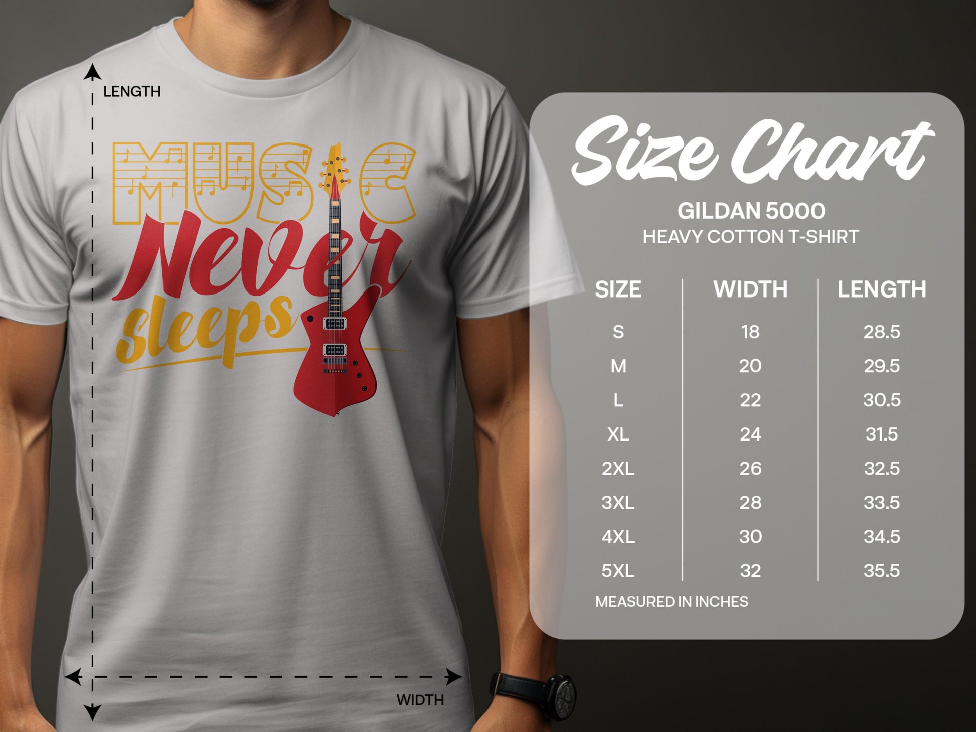 A person in a Garment Graphics white t-shirt displays a red guitar and Music Never Sleeps text. Beside them, a size chart for Gildan 5000 Graphic T-Shirts shows sizes S to 5XL with their respective widths and lengths.