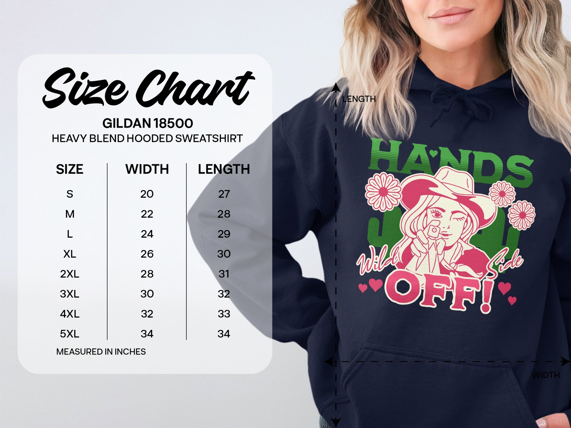 A person wearing a Garment Graphics navy hoodie featuring a cartoon cowgirl and HANDS OFF! in bold red and green. This graphic hoodie is displayed with the Gildan 18500 size chart, offering sizes from S to 5XL for those embracing their wild side.