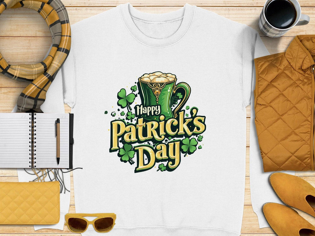 Garment Graphics offers a white T-shirt with Happy Patricks Day in green and gold, featuring clovers and a beer mug. This festive design is paired with a plaid scarf, sunglasses, yellow purse, coffee mug, quilted jacket, notebook, and pen for stylish St. Patricks Day celebrations!.